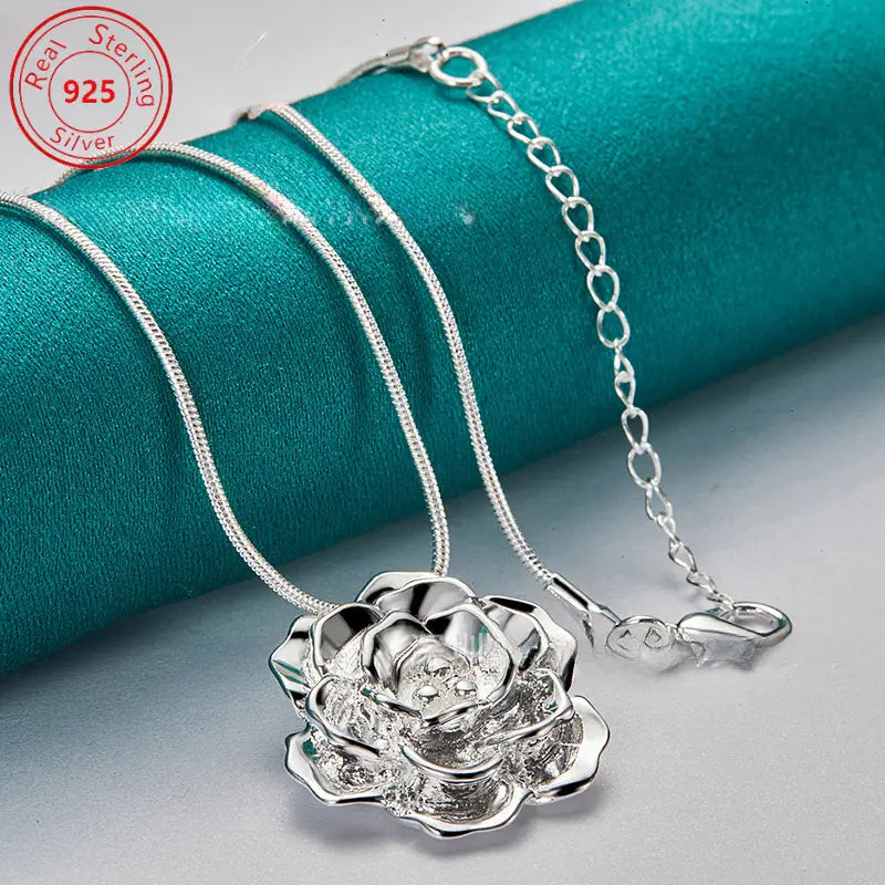 Snake Chain Sterling Rose Pendant Necklace