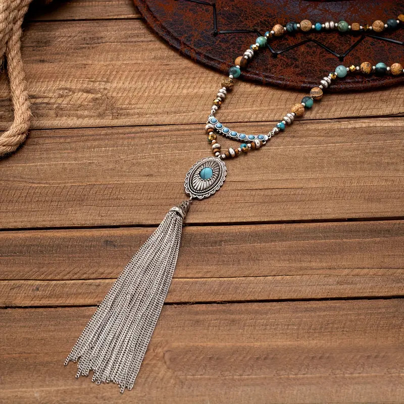 Turquoise Bead Tassel Necklace