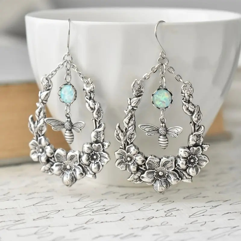Opalescent Bee Flower Earrings