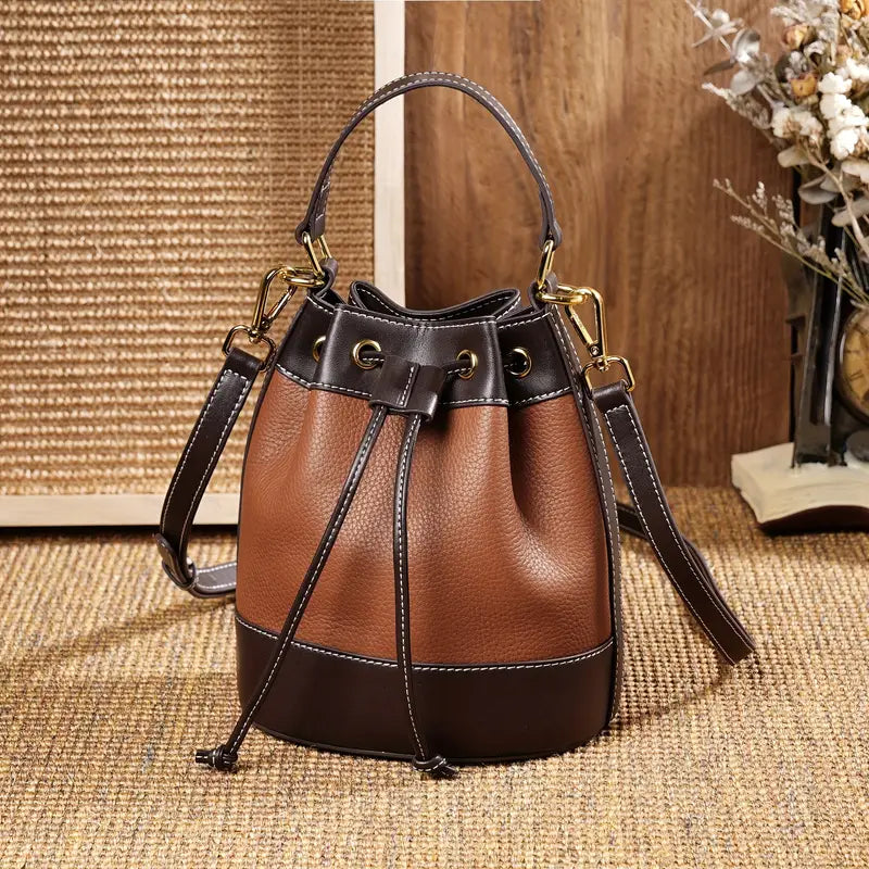 Drawstring Bucket Leather Like Bag