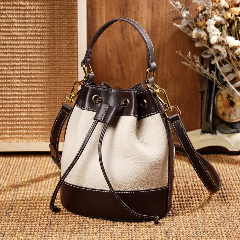 Drawstring Bucket Leather Like Bag